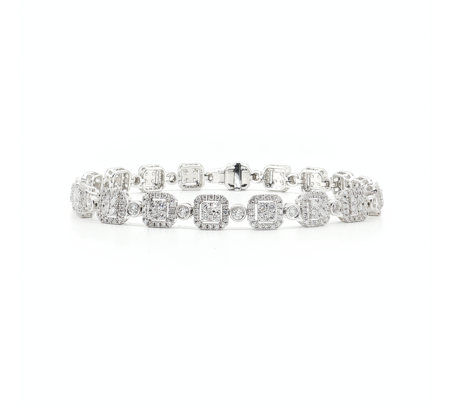 Square halo tennis bracelet in white gold