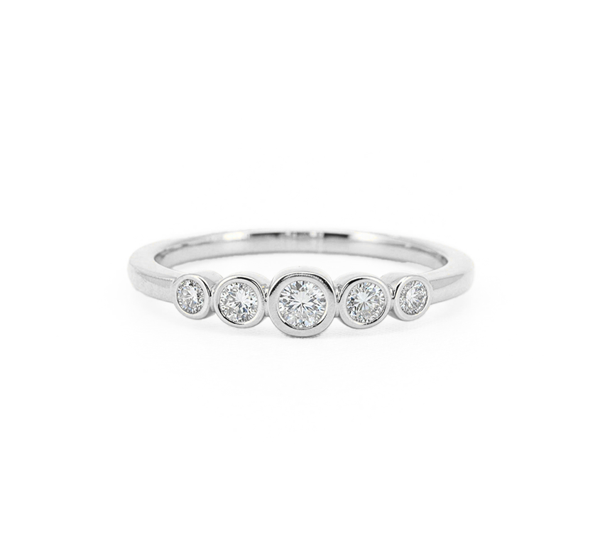 Half pave spirit bezel B ring in white gold