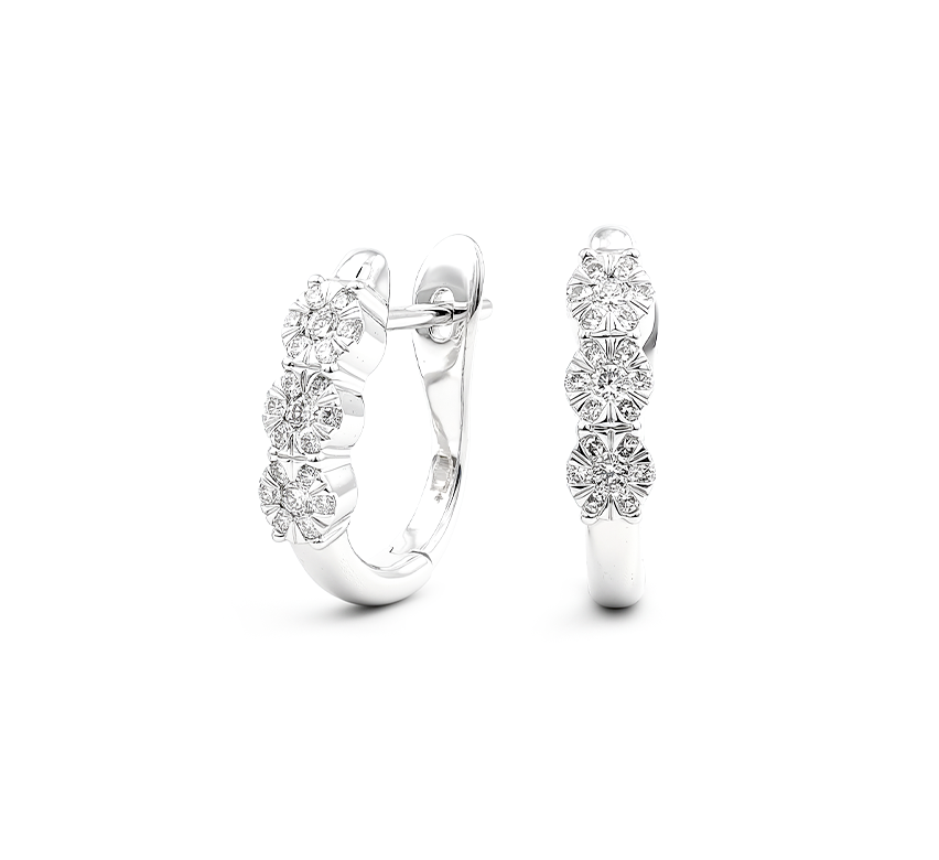 3 stone hoop earrings in white gold