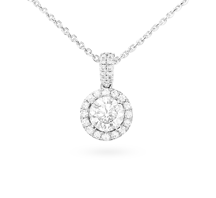 Hanging double pave spirit halo necklace RD 1.69 E VVS1 IGI in white gold