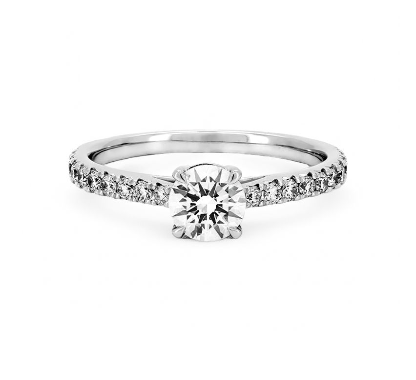 Cathedral high setting half pave ring RD 1 E VVS1 IGI in white gold