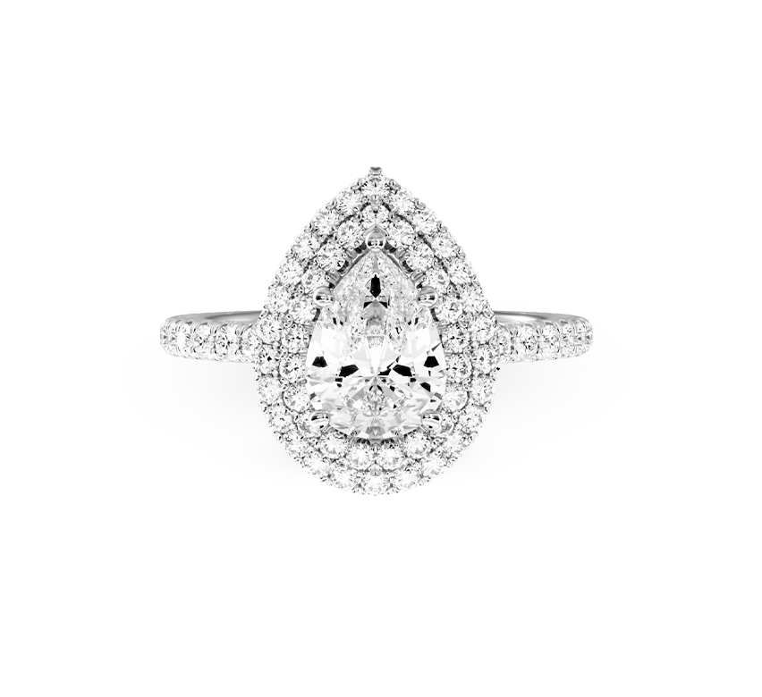 Double halo pear ring in white gold