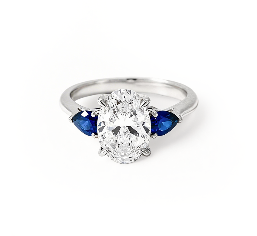Trilogy Oval with Sapphire Ring OV 1.6 D VS1 IGI in white gold