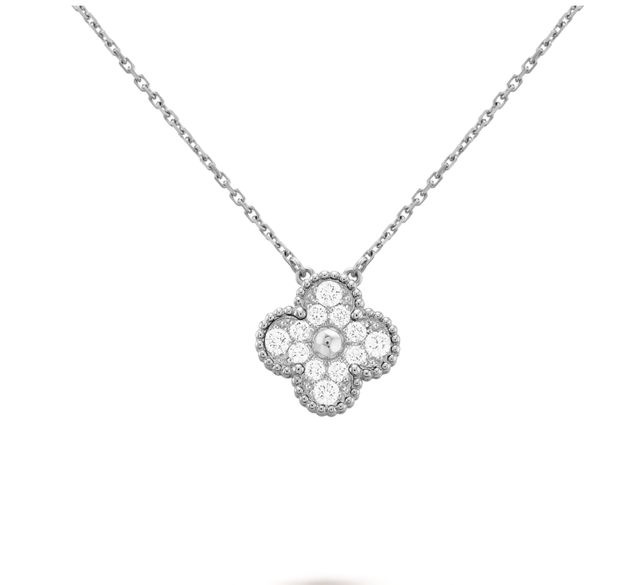 Flower full pave necklace in white gold