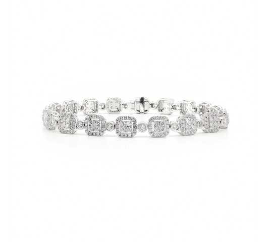 Square halo tennis bracelet in white gold