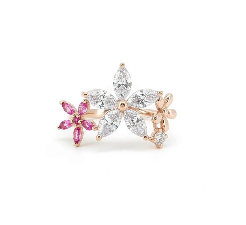 Flower series B with pink diamond in rose gold