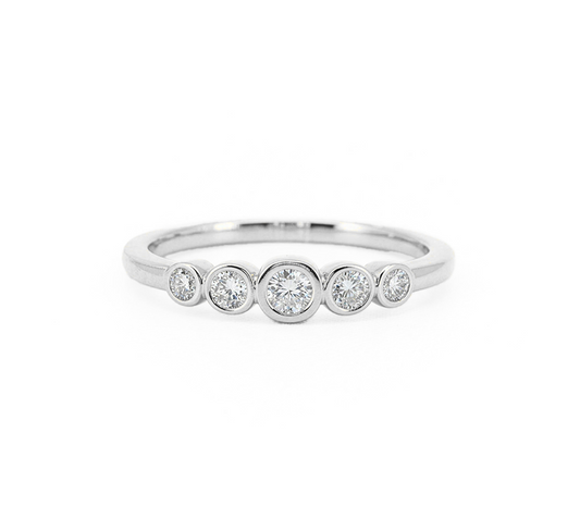 Half pave spirit bezel B ring in white gold