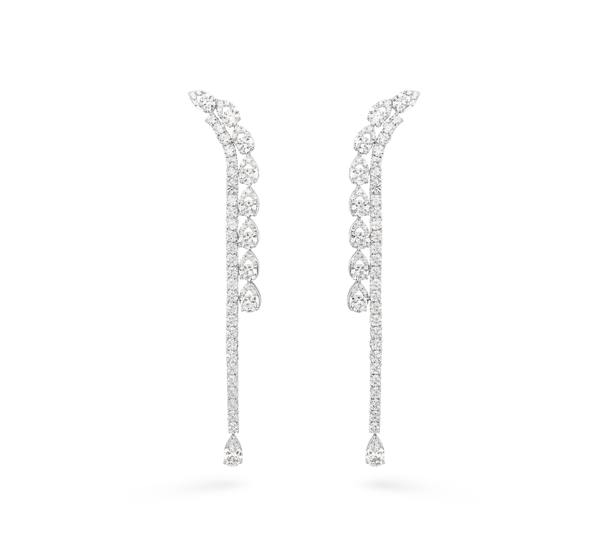 Hanging peacock earrings in white gold