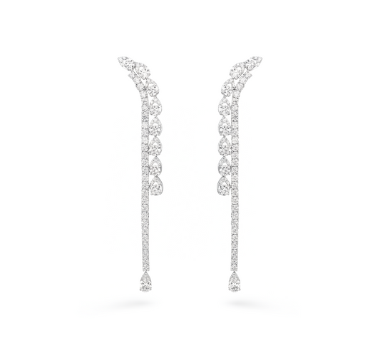 Hanging peacock earrings in white gold