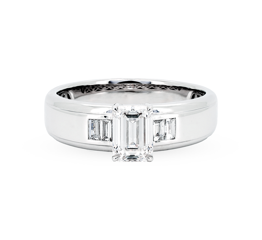 Mens ring Emerald with Quattro Baguette EM 1.07 F VS2 GIA in white gold
