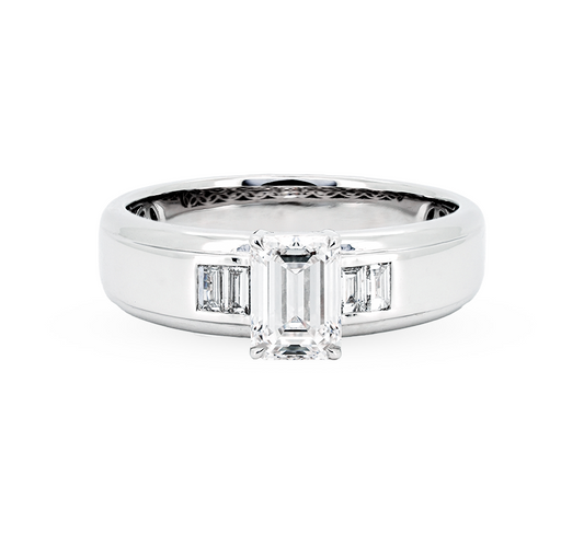 Mens ring Emerald with Quattro Baguette EM 1.01 D VVS2 IGI in white gold