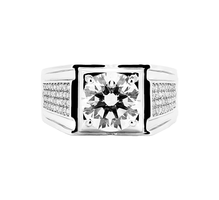 Mens ring square with pave band RD 4.06 F VS2 IGI in white gold