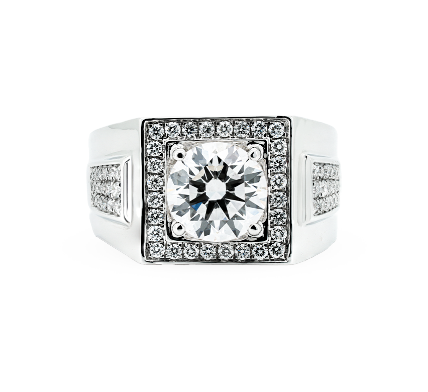 Mens ring square halo with pave band RD 3.05 F VS2 IGI in white gold
