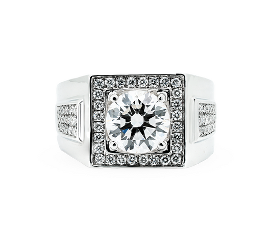 Mens ring square halo with pave band RD 3.05 F VS2 IGI in white gold