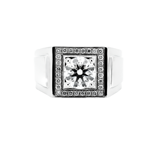 Mens ring square halo plain band RD 2.24 F VS1 IGI in white gold