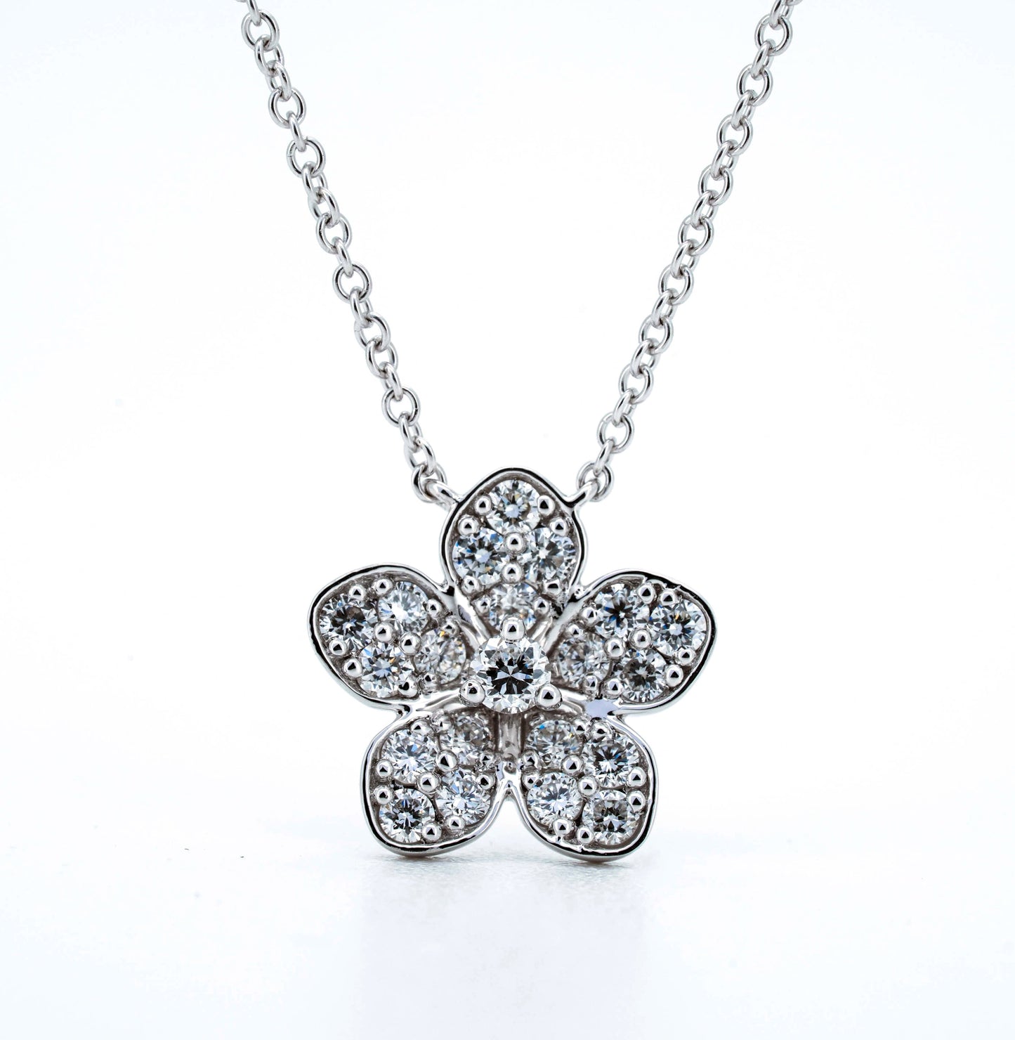 5 petal pave necklace in white gold