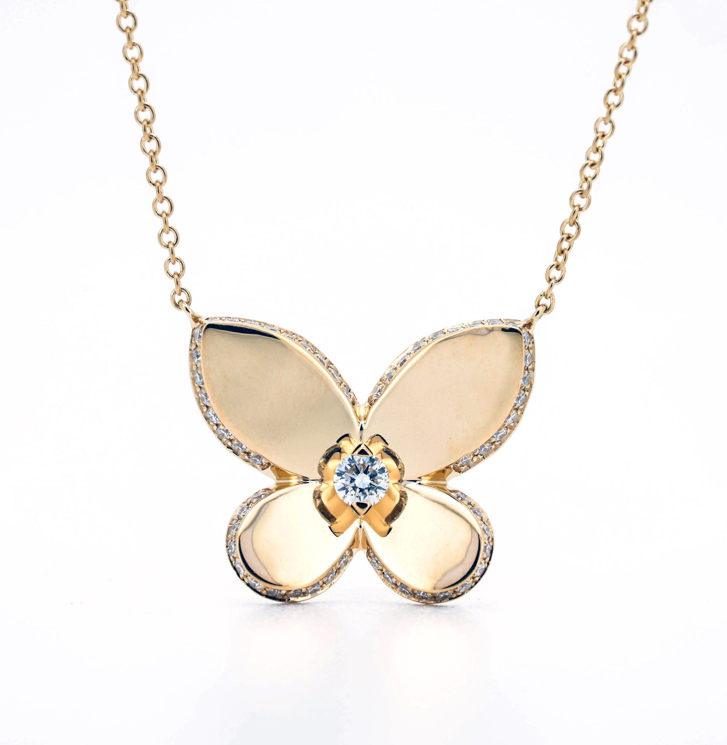 Solid butterfly with pave necklace in gold