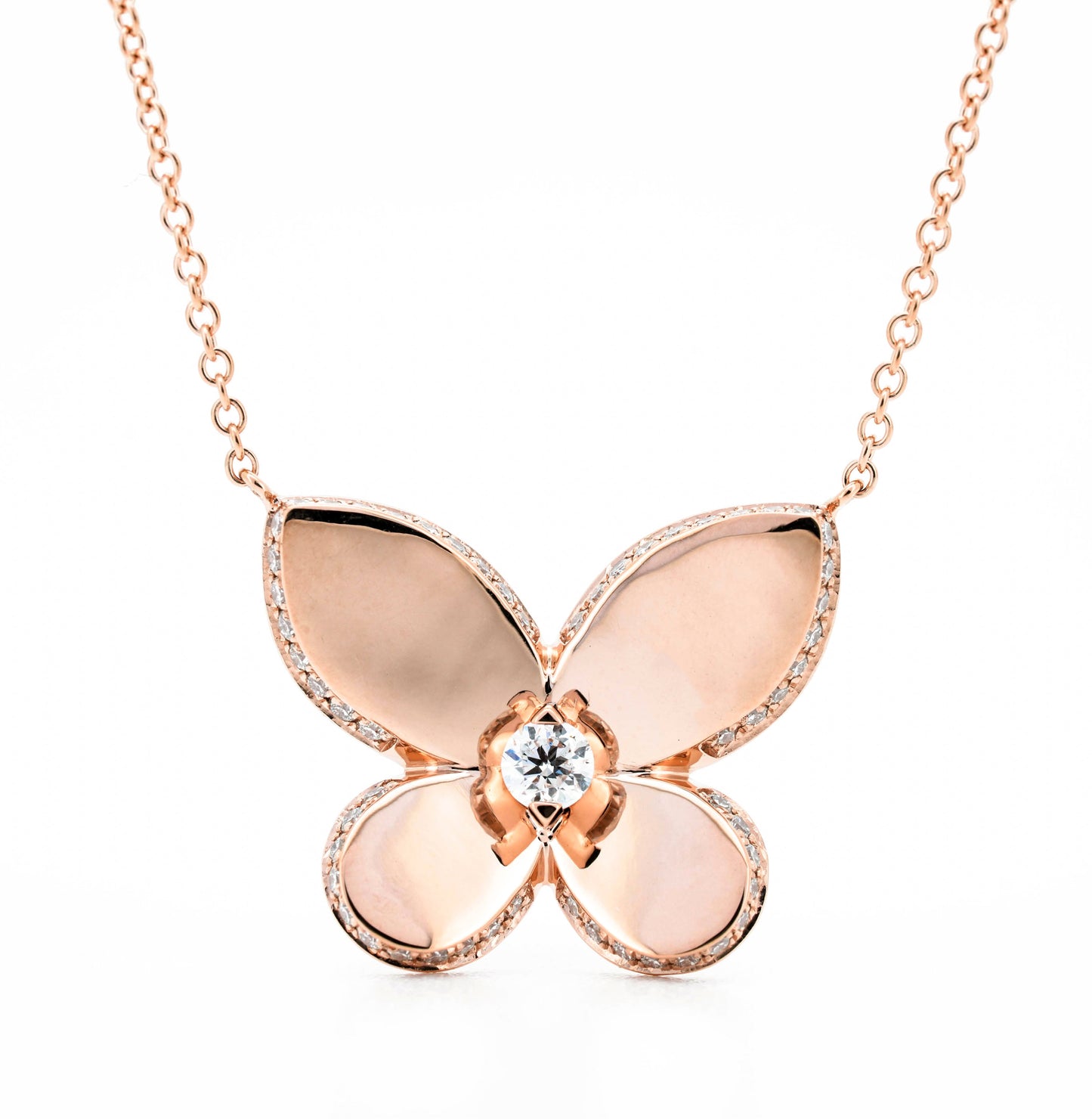 Solid butterfly with pave necklace in rose gold