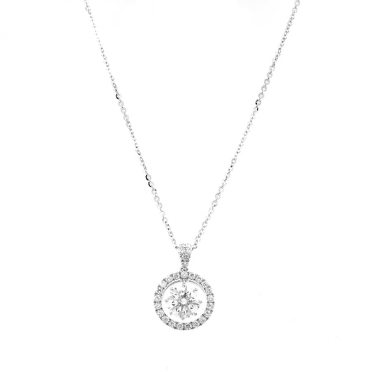 Hanging pave halo necklace RD 1.11 F VS2 IGI in white gold
