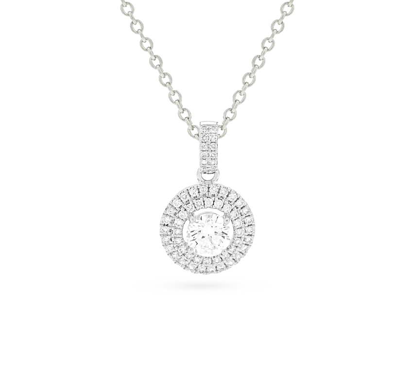 Hanging pave spirit double halo necklace RD 0.82 D VS1 IGI in white gold