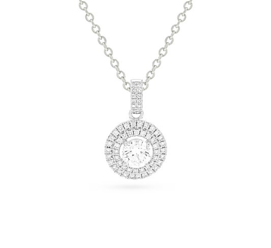 Hanging double pave spirit double halo necklace RD 0.52 D VS1 IGI in white gold