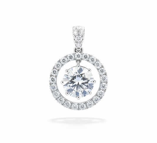 Dangling solitaire halo necklace RD 2.49 D VVS2 IGI in white gold
