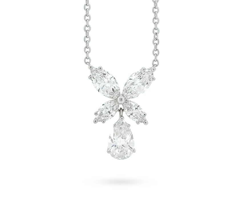 Butterfly with teardrop necklace in white gold