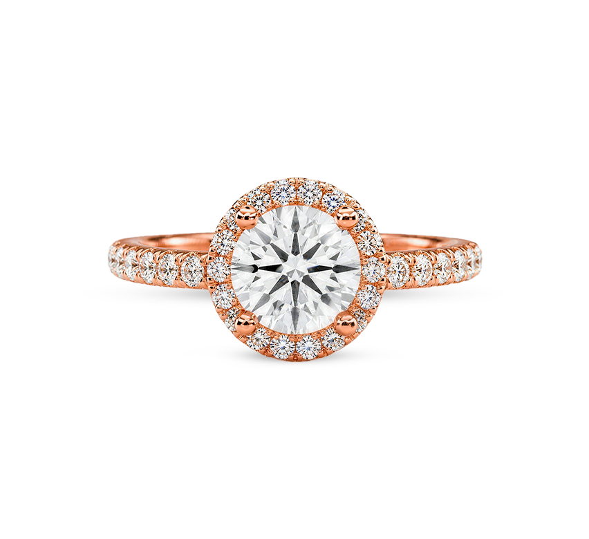 Halo half pave ring RD 0.94 D VVS2 IGI in rose gold