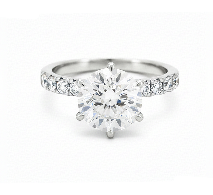 Half pave 6 prong ring RD 1.08 D VS1 IGI in white gold