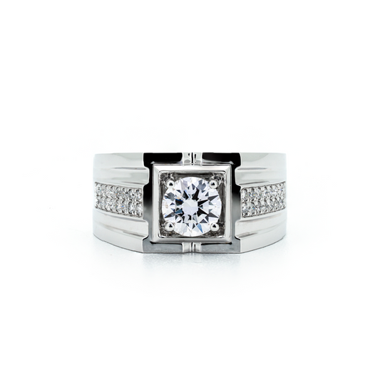 Mens ring two row pave RD 1ct F VS2 IGI in white gold